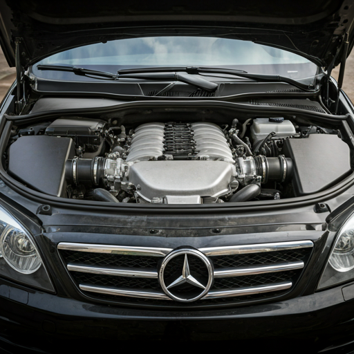 Luxury car engine bay during maintenance