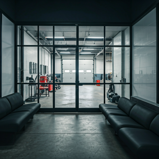 Customer waiting area with transparent glass viewing into the workshop