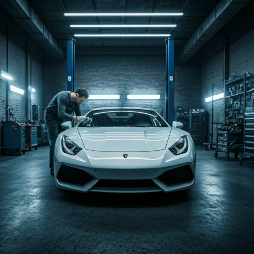 Premium European car workshop with modern lighting and precision equipment